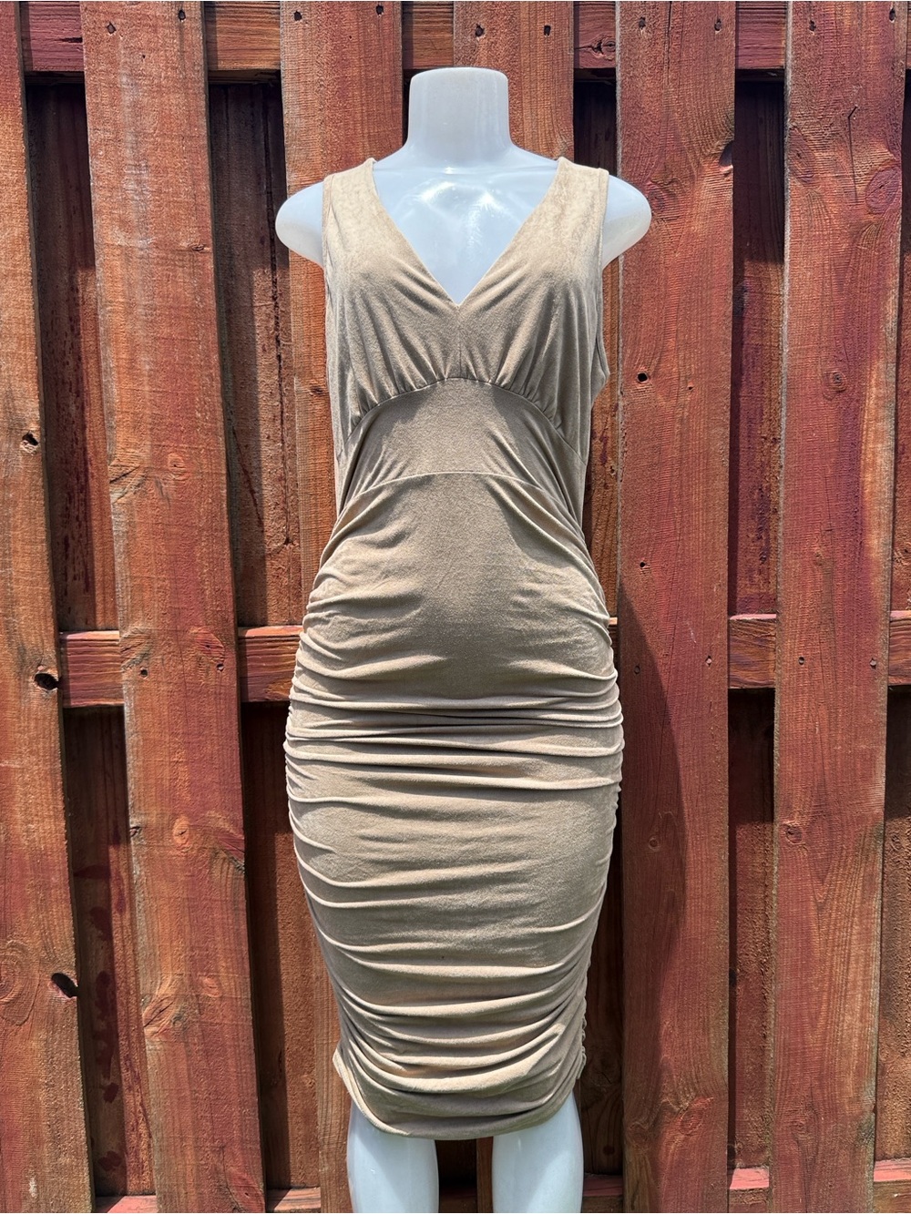 Madrag Taupe Tan Faux Suede Ruched Bodycon Dress V Neck Sleeveless Midi L